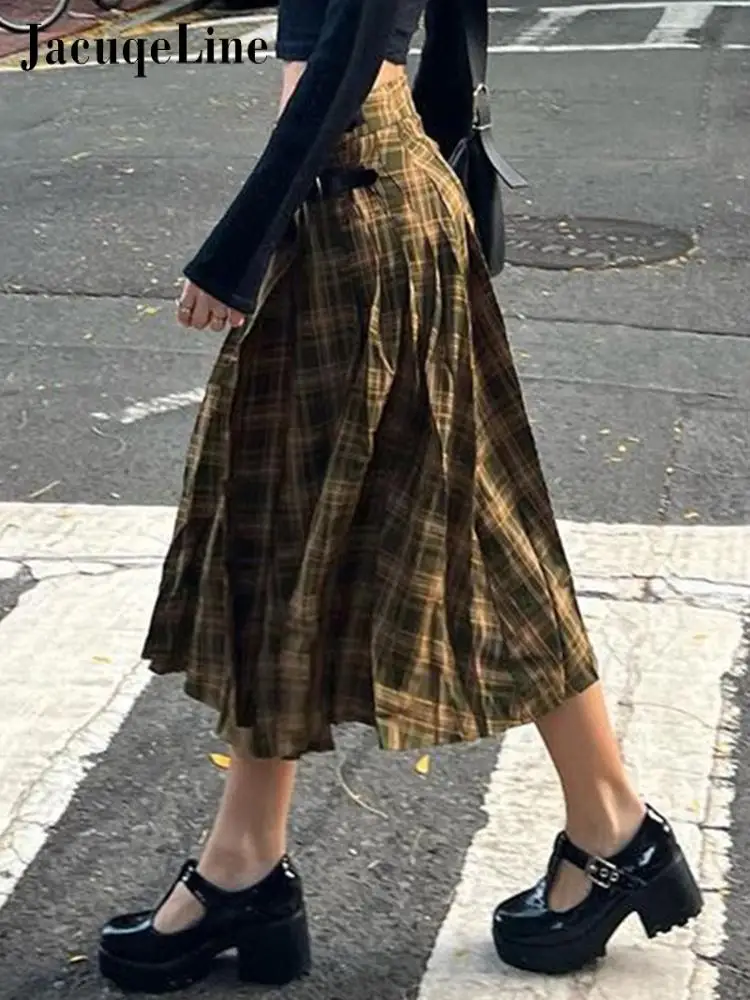 

Винтажная Плиссированная Юбка-миди с металлическими пуговицами и низкой талией