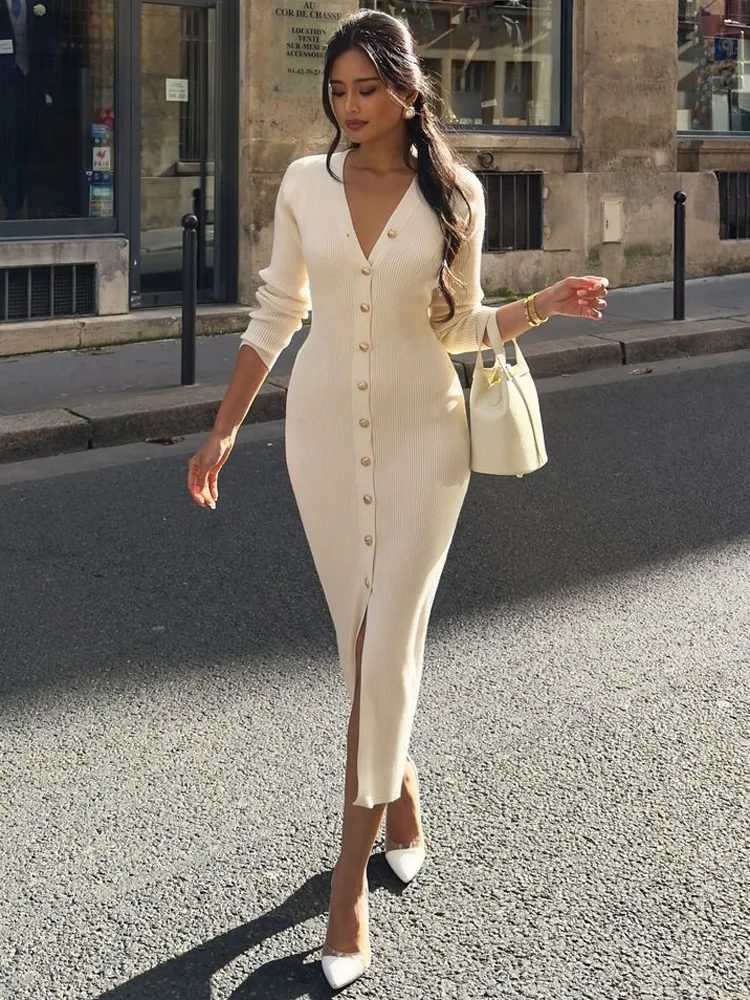 Осеннее вязаное длинное платье Tossy с v-образным вырезом для женщин лоскутный