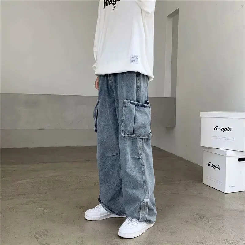 Large Pocket Work Clothes Jeans Harajuku Style Falling Work Clothes Jeans Men's Straight Tube Loose Casual Pants
