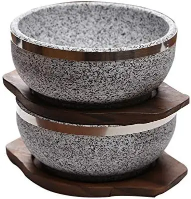 

Каменные миски 32-унции (набор из 2 + деревянная основа и еще 1 рецепт Bibimbap), милые фарфоровые миски для приготовления супа и еды в Корейском стиле