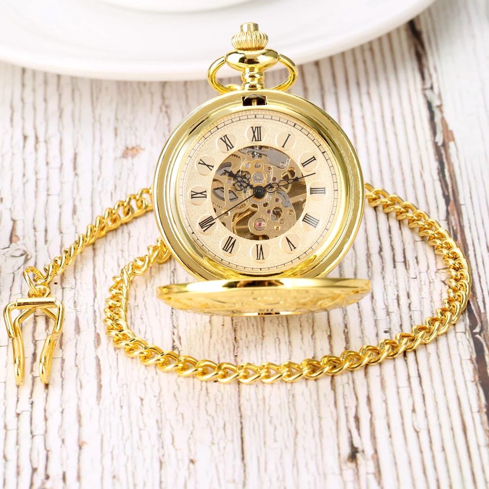 Gold Double Cover Roman Numerals Display Manual Mechanical Pocket Watch Skeleton Vintage Hand Winding Antique Clock Gift Male