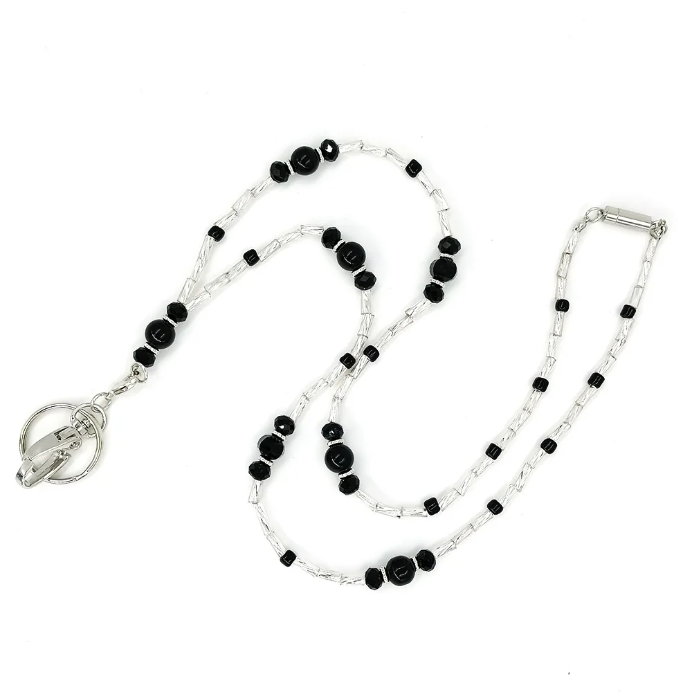 

Fashion Color Black Beaded Necklace Lanyard for Women Crystal Chain with ID Card Badge Holder Jewelry Key Holder Accessories