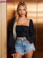 parthea off shoulder top puff sleeve ruched cut out tie up zipper back solid color crop blouses women chic shirt 2022 fashion