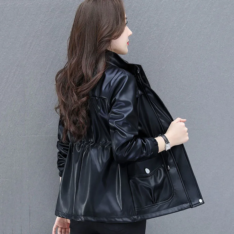 1pcs Women Long PU Leather Jackets Coat 2022 Autumn Faux Fur Zipper Splicing Bandage Stand Collar Ladies Skinny Locomotive Coats