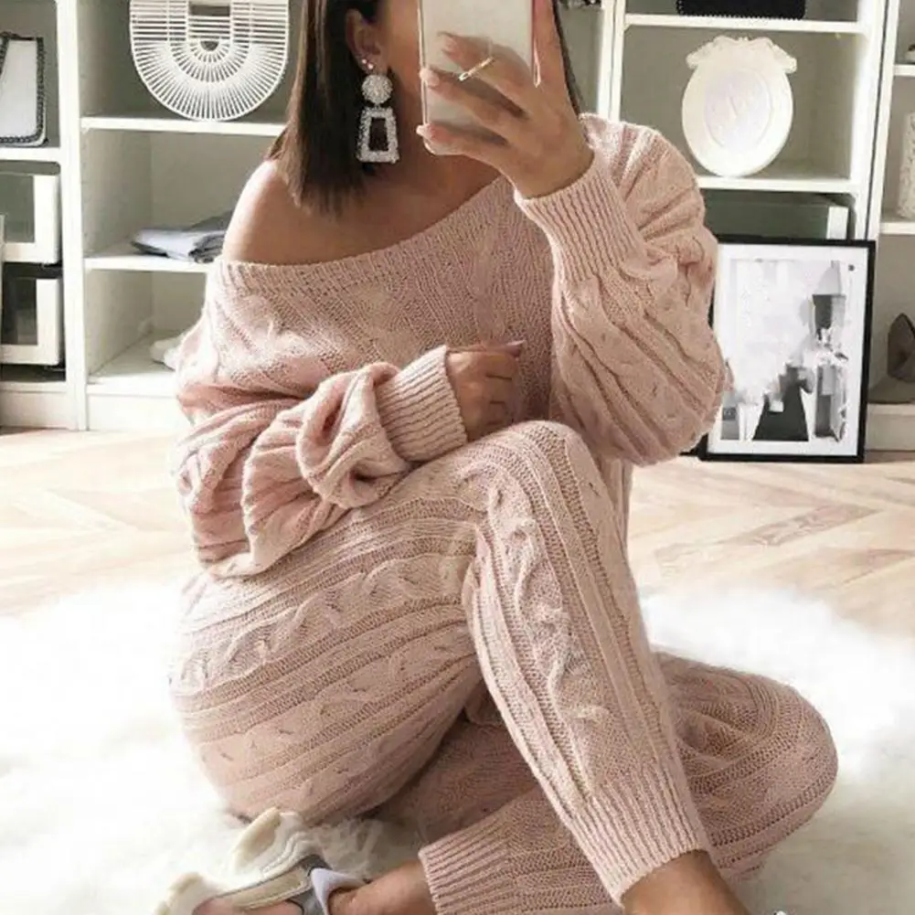 

Top Pants Set Thick Knitted Outfit Warm Coldproof Popular Lady Autumn Winter O-neck Sweater Knitting Pencil Pants Set