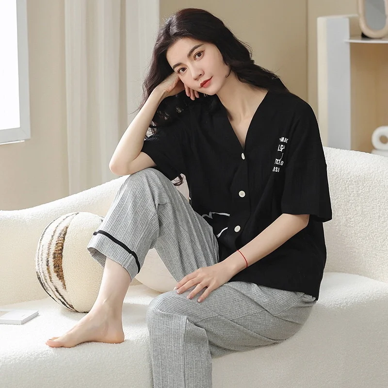 new spring pajamas, women's summer v-neck cardigan, short sleeved trousers, loose, large  thin home clothes can be worn outside