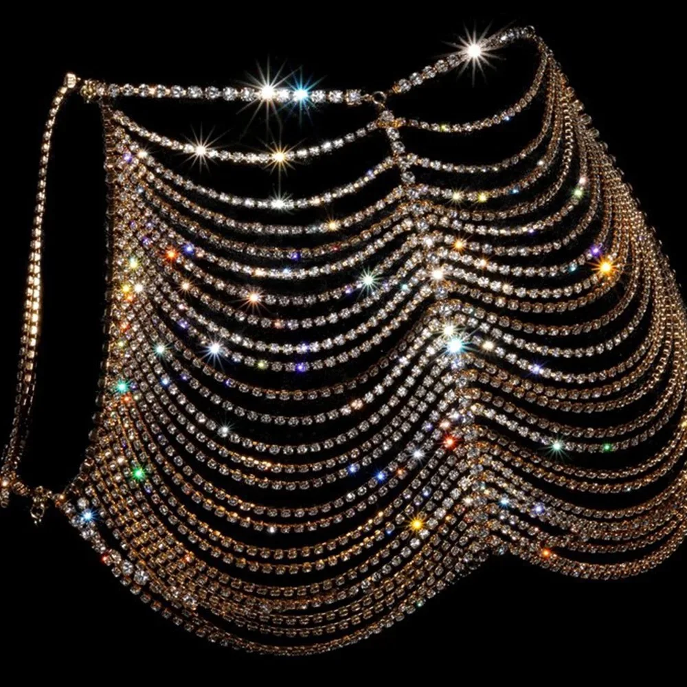 

Women's Luxury Sexy Lingerie Tassel Rhinestone Waist Body Chain Jewelry Shiny Crystal Bikini Hip Jewelry Briefs Mini Skirt Set