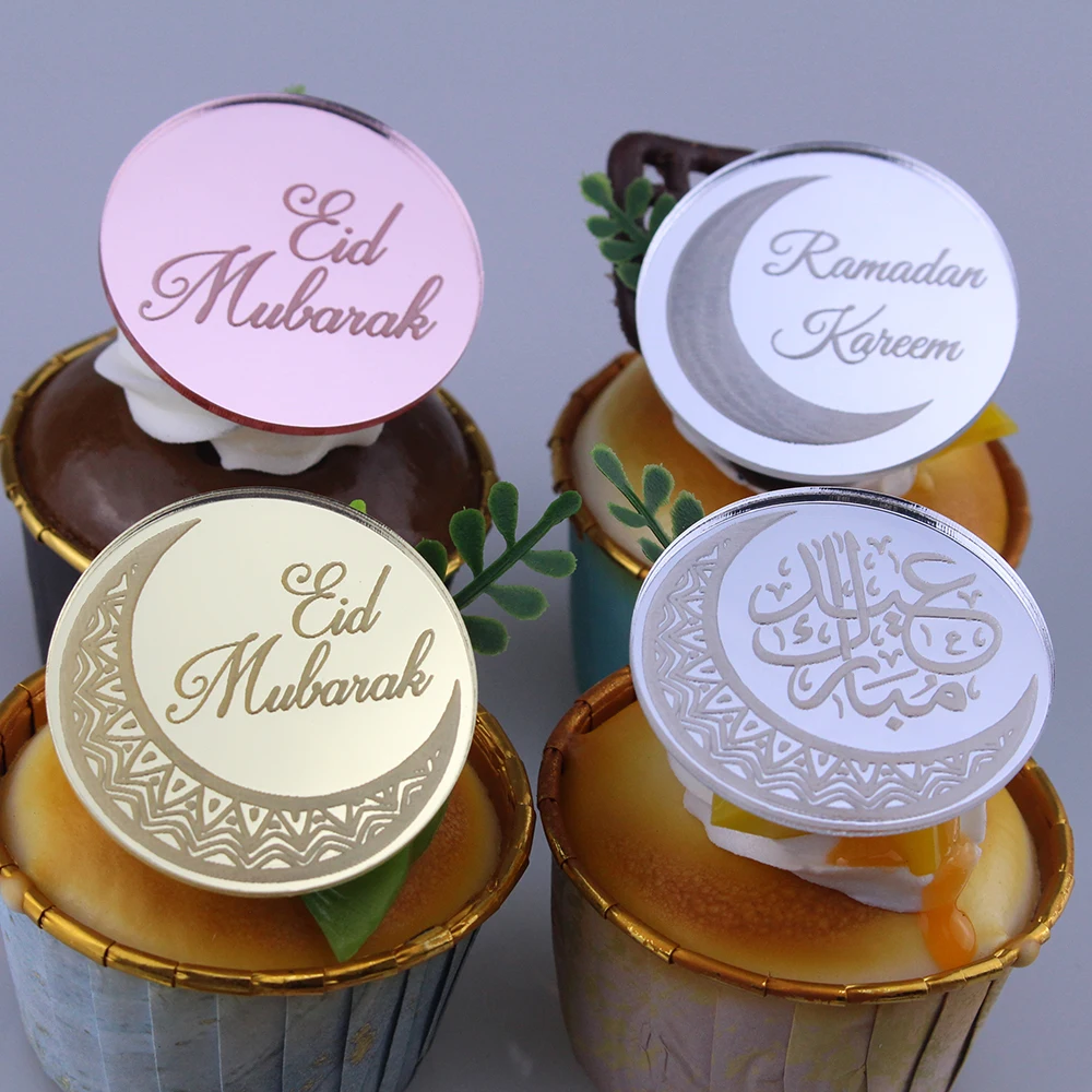 

12pcs Eid Mubarak Acrylic Cupcake Topper Gold Ramadan Kareem Cake Topper Islamic Muslim Festival Party Cake DIY Decoration Favor