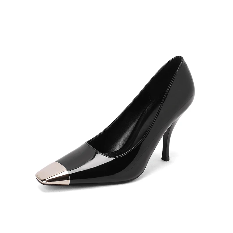 

Luxury Patent Leather Pumps Shoes for Women Fashion Metal Square Toe Thin High Heels Designer Sexy Female Party Office Pumps New