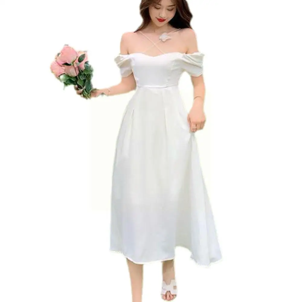 

New Slim Sexy V Neck Sweet Dress White Fairy Summer Long Beautiful Evening Suspender Shoulder Off The Elegant Women Strap W8B4