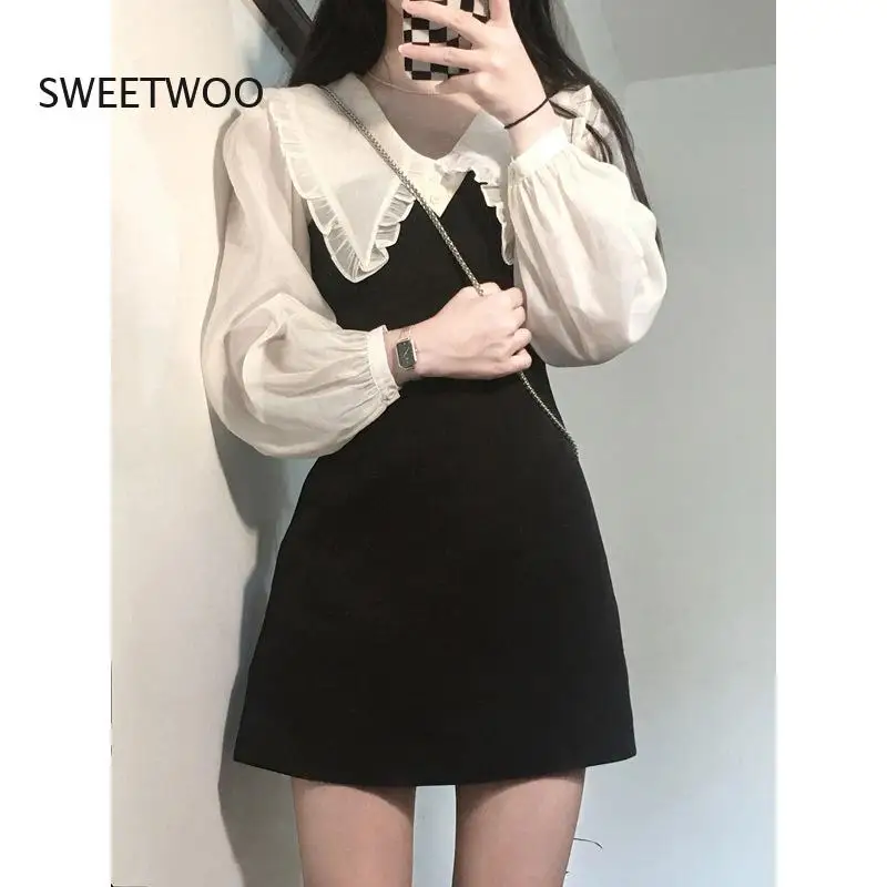 

2022 Spring and Autumn New Peter Pan Collar Chic Slim Dress for Women Vintage Long Sleeve Patchwork High Waist Dresses Female