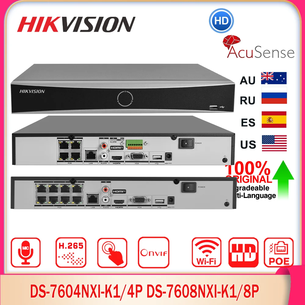 Сетевой видеорегистратор Hikvision DS-7604NXI-K1/4P DS-7608NXI-K1/8P 4K 4/8CH 4/8 POE Acusense 1SATA NVR 8MP H.265+