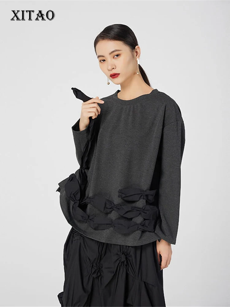 

XITAO Fashion New Women T-shirt Three-dimensional Pleated Patchwork Hem Loose Fashion Autumn Winter All-match Top CZH0076