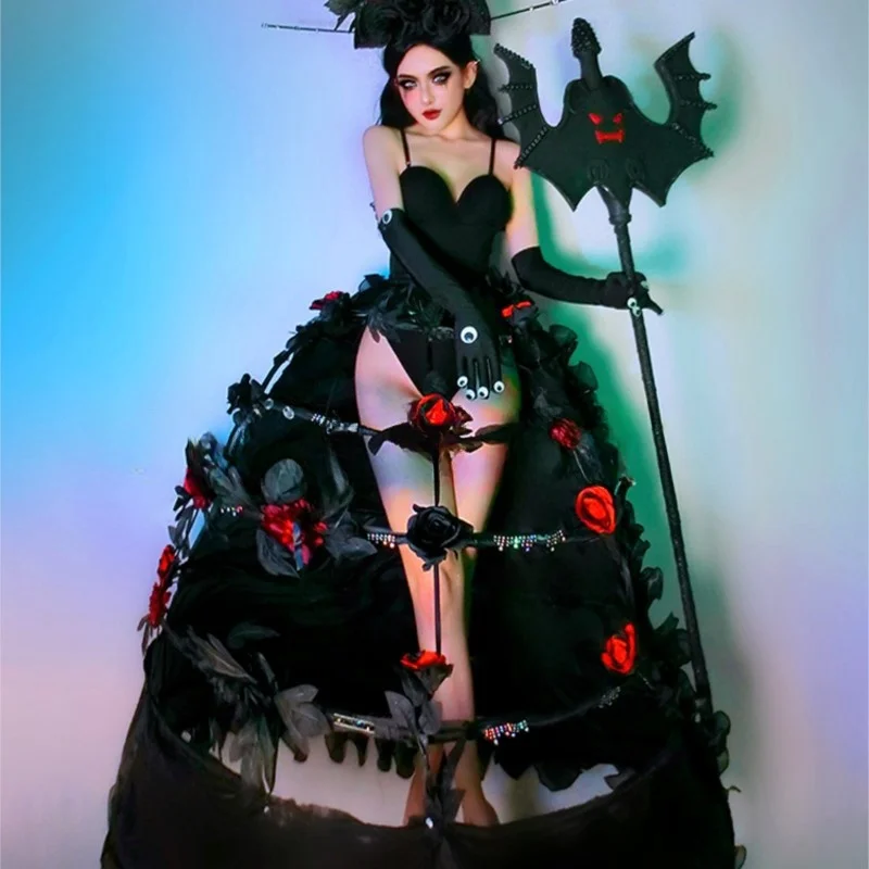 Художественный костюм для бара ночной клуб черная ведьма демон помадур платье