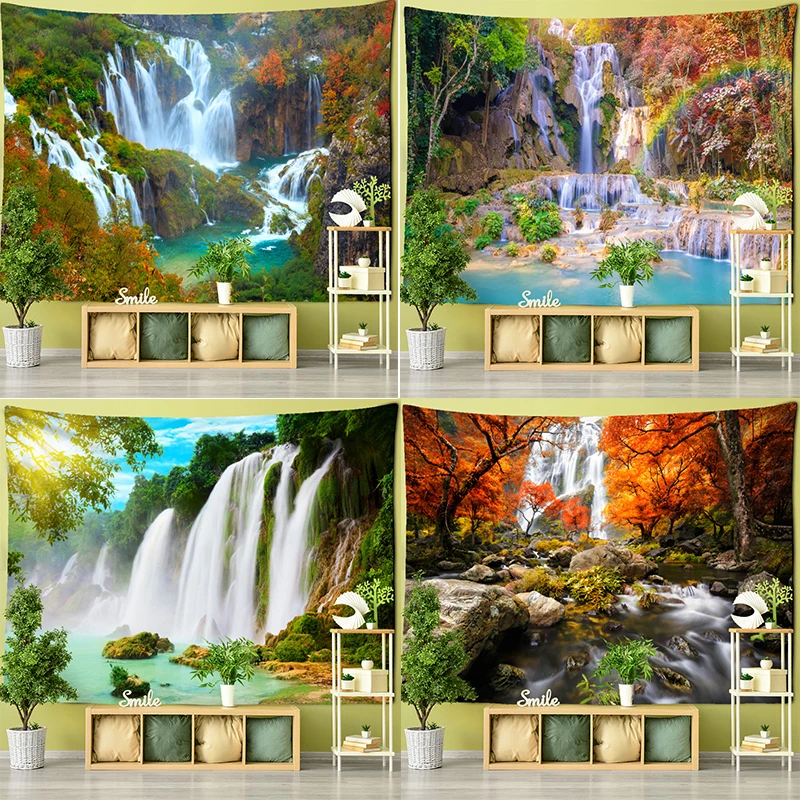 

Customizable Maple Leaf Forest Waterfall Landscape Painting Tapestry Wall Art Natural Plant Dormitory Living Room
