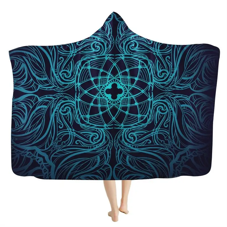 

Geometric Teal Hooded Blanket - Lush Bohemian Blanket, Free Spirit, Healing Blanket Hoodie, Security Blanket Wearable Sherpa