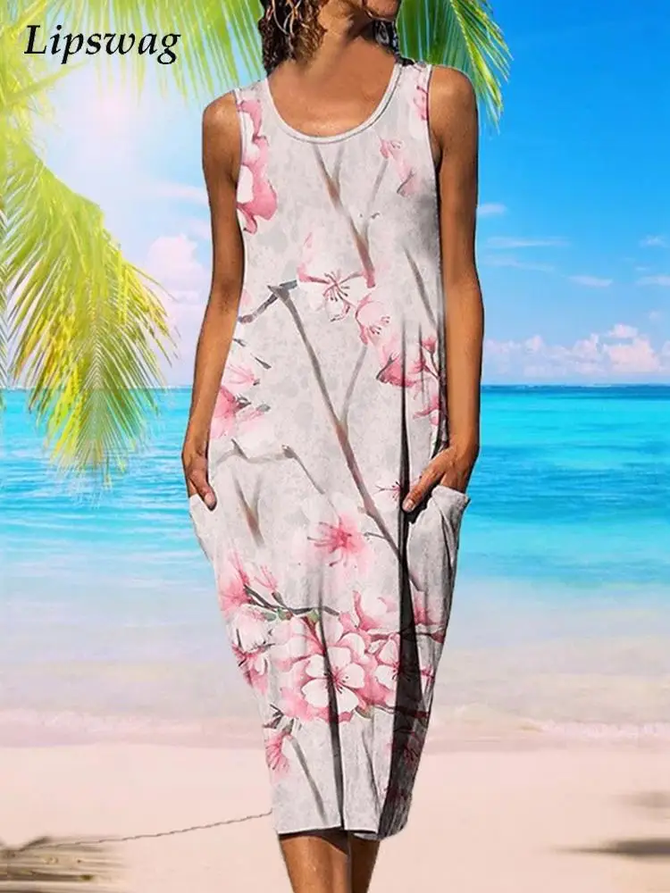 

Женское Повседневное платье без рукавов, Элегантное Длинное праздничное платье с цветочным принтом, модное Свободное длинное платье с круг...