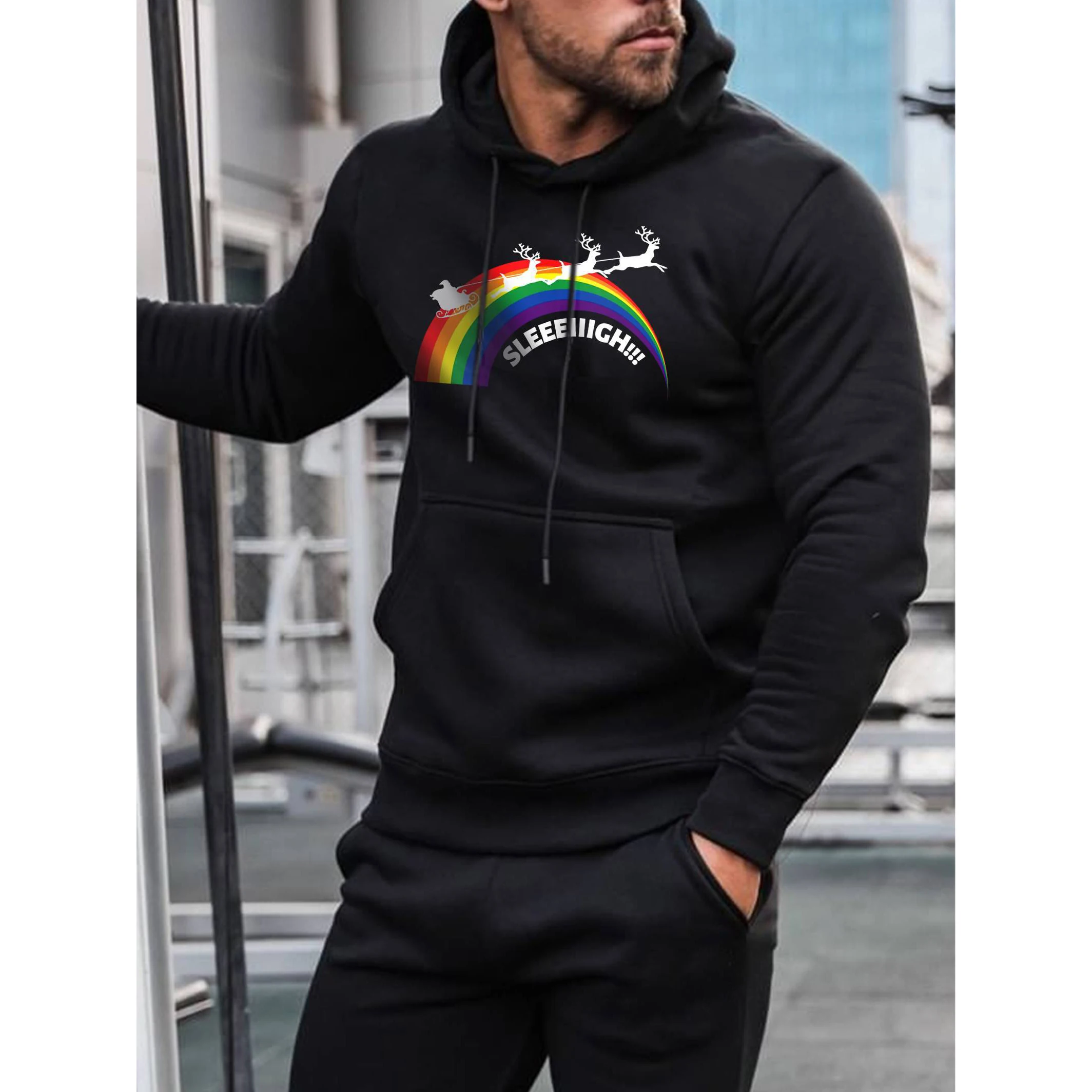 

Мужская Повседневная Толстовка Badassdude с радужным рождественским принтом