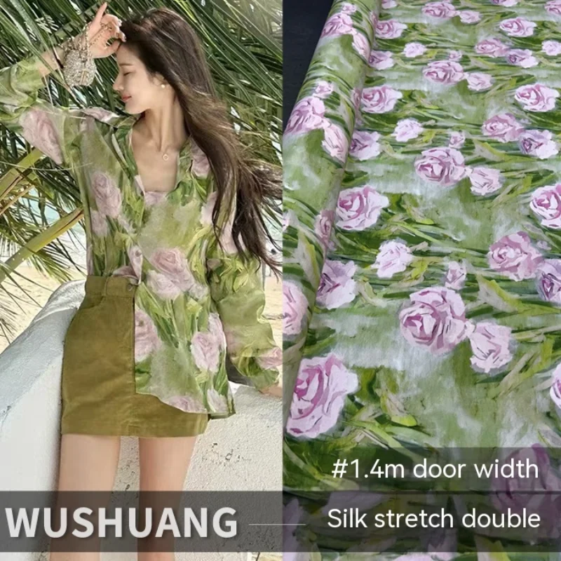 

Stretch Crepe De Chine Mulberry Silk Fabric Material Rose Oil Painting on Green Background Print Dyed Dress Shirt Cloth