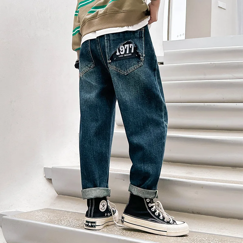 Джинсы для подростков однотонные мешковатые брюки из денима с эластичным поясом