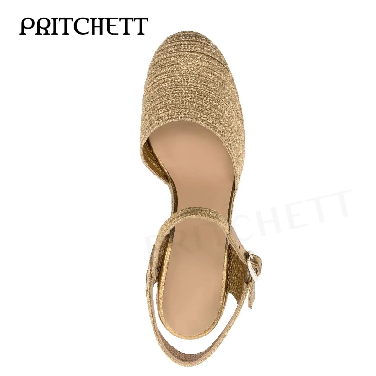 Gold Wedge Heel Espadrilles Round Toe Wedge Hollow Baotou High Heels Fashion Ankle Buckle Banquet Temperament Women's Shoes