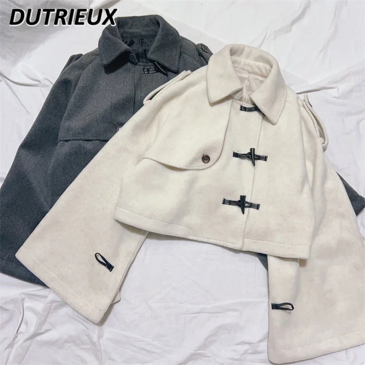 

Autumn and Winter Elegant All-Matching Lapel Bell Sleeve Coat Japanese Sweet Style Solid Color Short Temperamental Overcoat