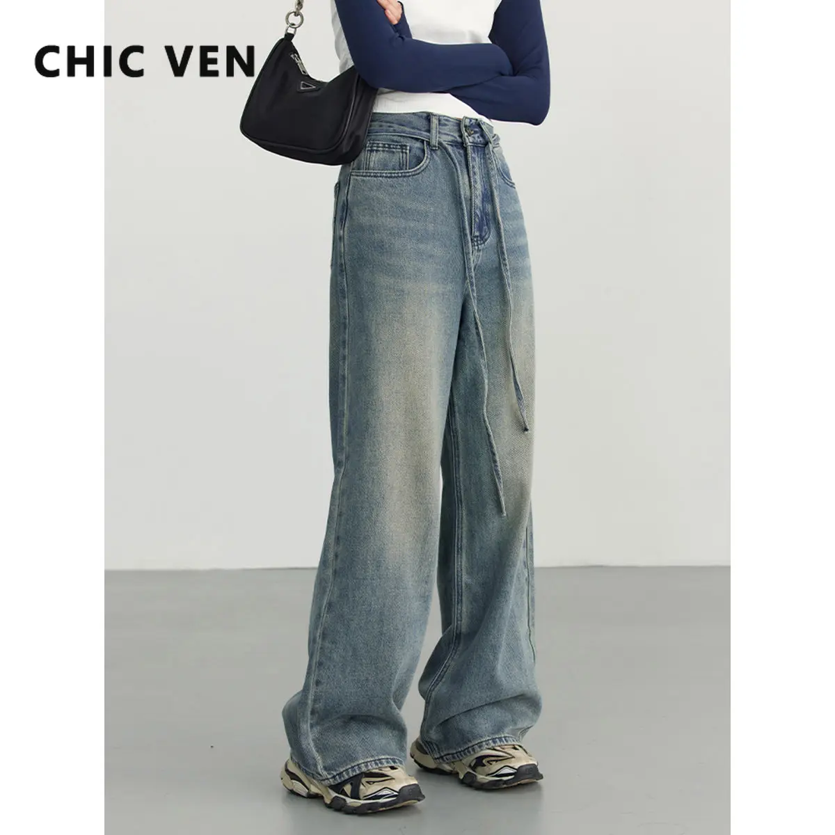 

CHIC VEN Women's Jeans High Waisted Street Casual Baggy Lace Up Wide Leg Denim Pants Woman Trousers Spring Summer New 2023