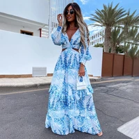 bohemia maxi dress elgeant women summer 2022 sexy v neck backless hollow out lantern sleeve floral beach long dresses vacation