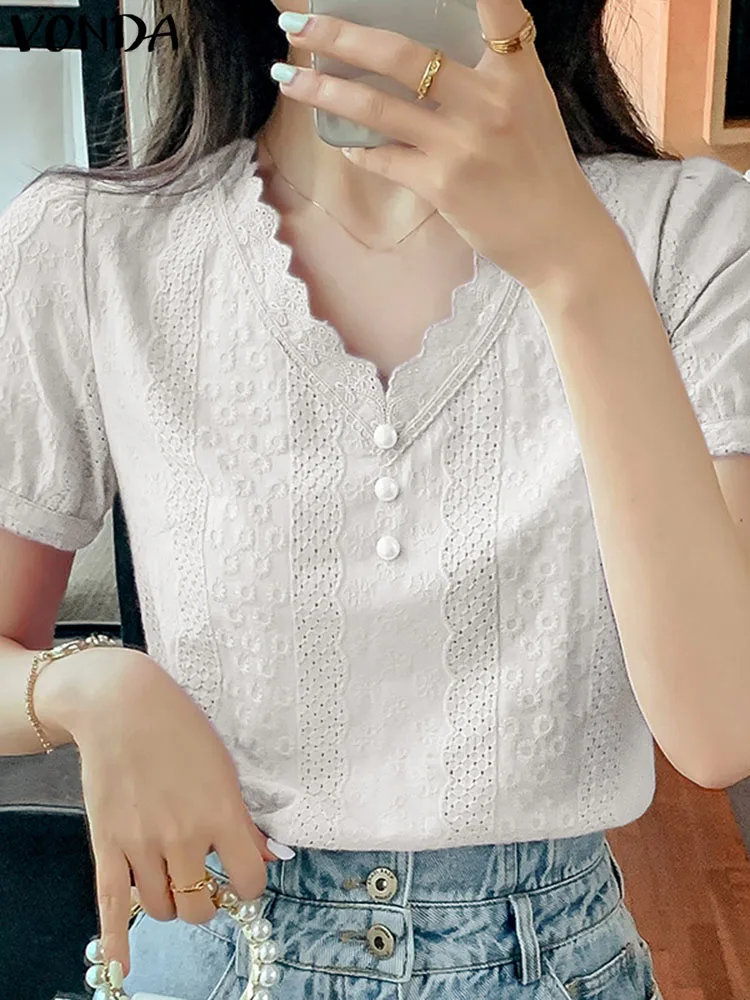 

Women Party Shirts 2023 Elegant Solid Color Tunic VONDA Casual Loose Short Sleeve Lace Blouse Crochet Hollow Out Tops Oversize