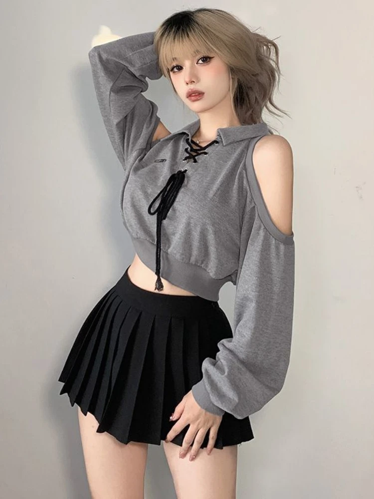 

QWEEK Y2K Vintage Gray Cropped Hoodies Women Harajuku Sexy Off Shoulder Sweatshirts Korean Loose Casual Chic Tops Gothic Kpop