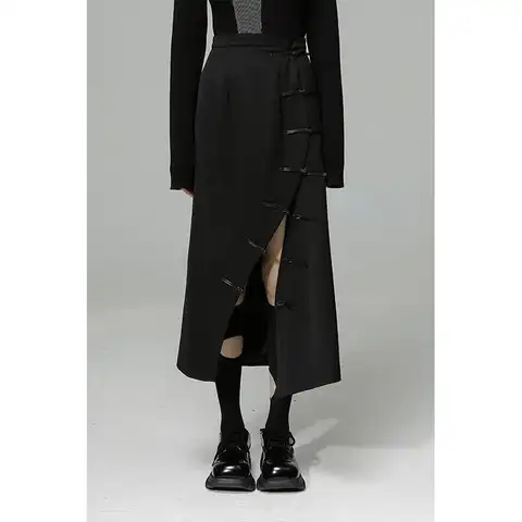 Vintage Designer Split Skirt Women Casual Outwear Slim Chic Korean Skirt Female High Street Button Black Gothic Y2k Clothes 2022