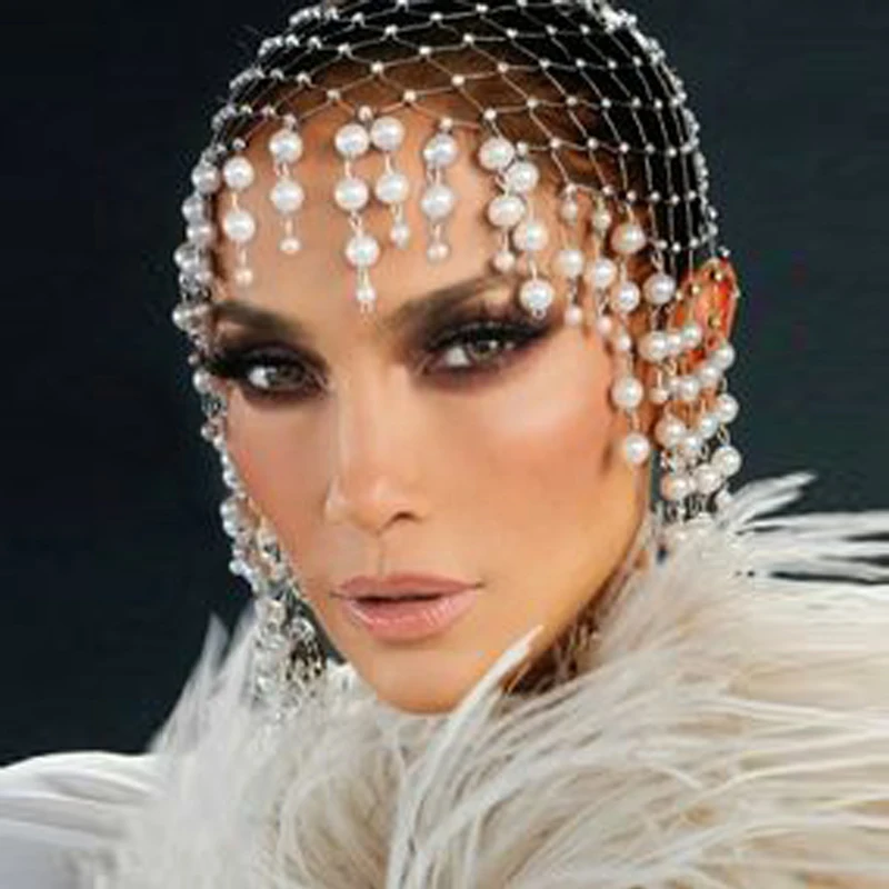

Wedding Pearl Hair Accessories Hairband Handmade Hollowed Tassel Forehead Headpiece Head Chain Women Luxury Head Cap 2022