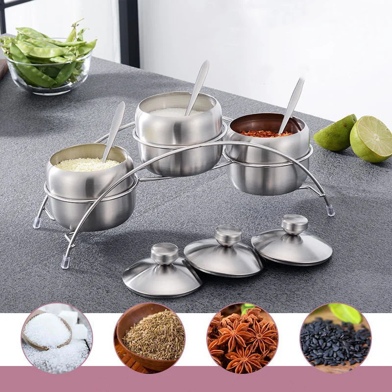 

3pcs/set Kitchen Stainless Steel Seasoning Condiment Pot Design Spice Salt Sugar Container Pepper Jar Tool with Lid Spoon K274