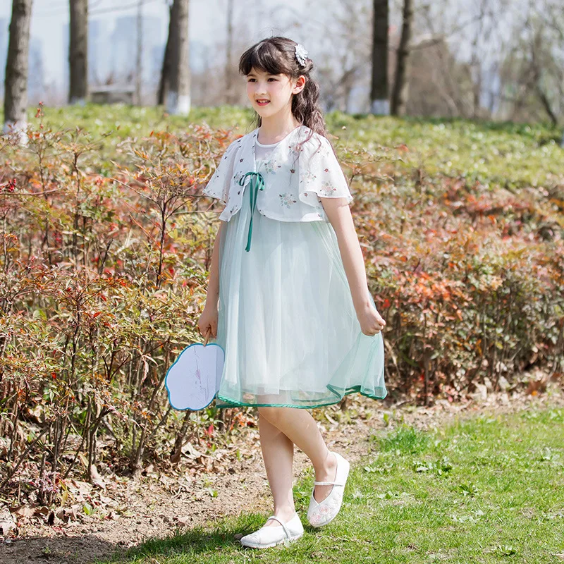 

Girls Summer Dress Short Sleeve Mesh Princess Dress Party Costume Teen Kids Knee-length Dress Fashion Clothes 4 6 8 10 12 14 Yrs