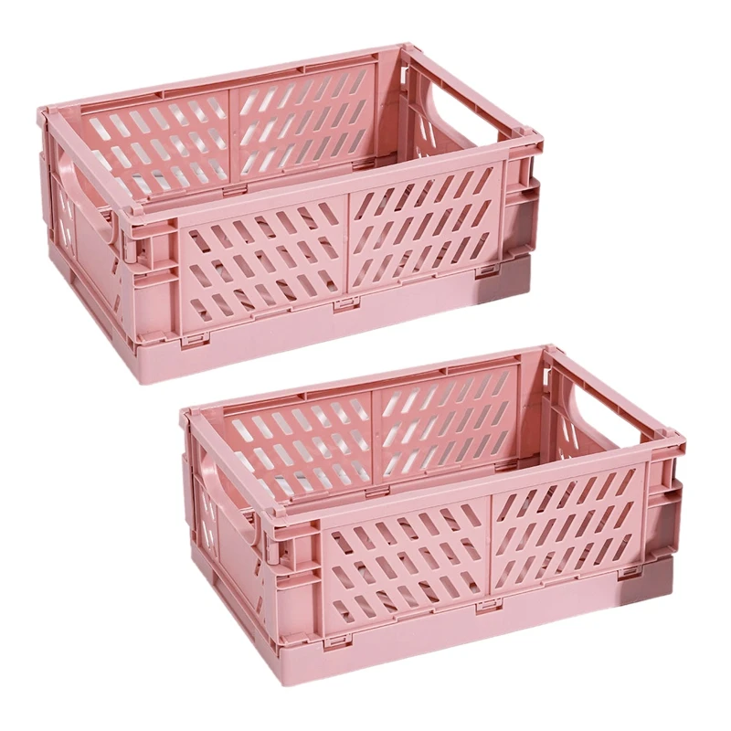 

2X Collapsible Crate Plastic Folding Storage Box Basket Utility Cosmetic Container Pink