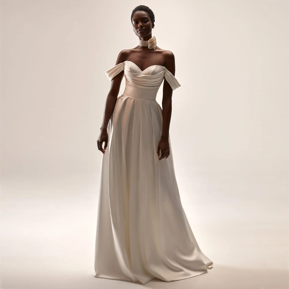 

UETEEY Simple Wedding Dress A-Line Off Shoulder Satin Bridal Gown 2022 Zipper Back Elegant Wedding Gown Vestido De Noiva