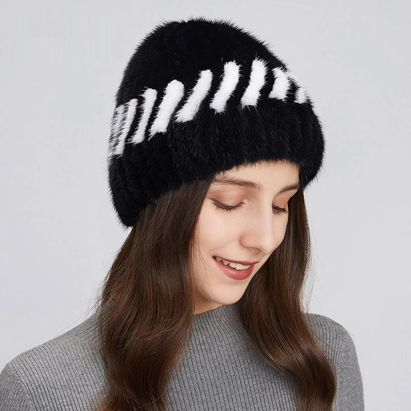 Women Real Mink Fur Hat Headwear Winter Warm Beanie Cap Earmuffs Ski Hat Black Beige Wine Brown