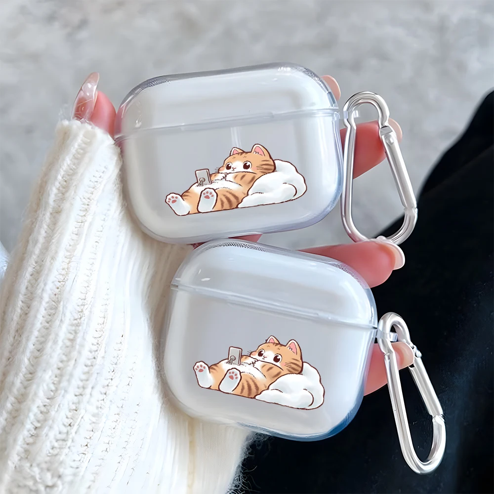 Фото Прозрачный чехол для наушников с рисунком ленивого оранжевого кота для AirPods Pro 3/Pro 2/Pro, чехол для наушников AirPods 1/2/3/4, защитный чехол из ТПУ №1