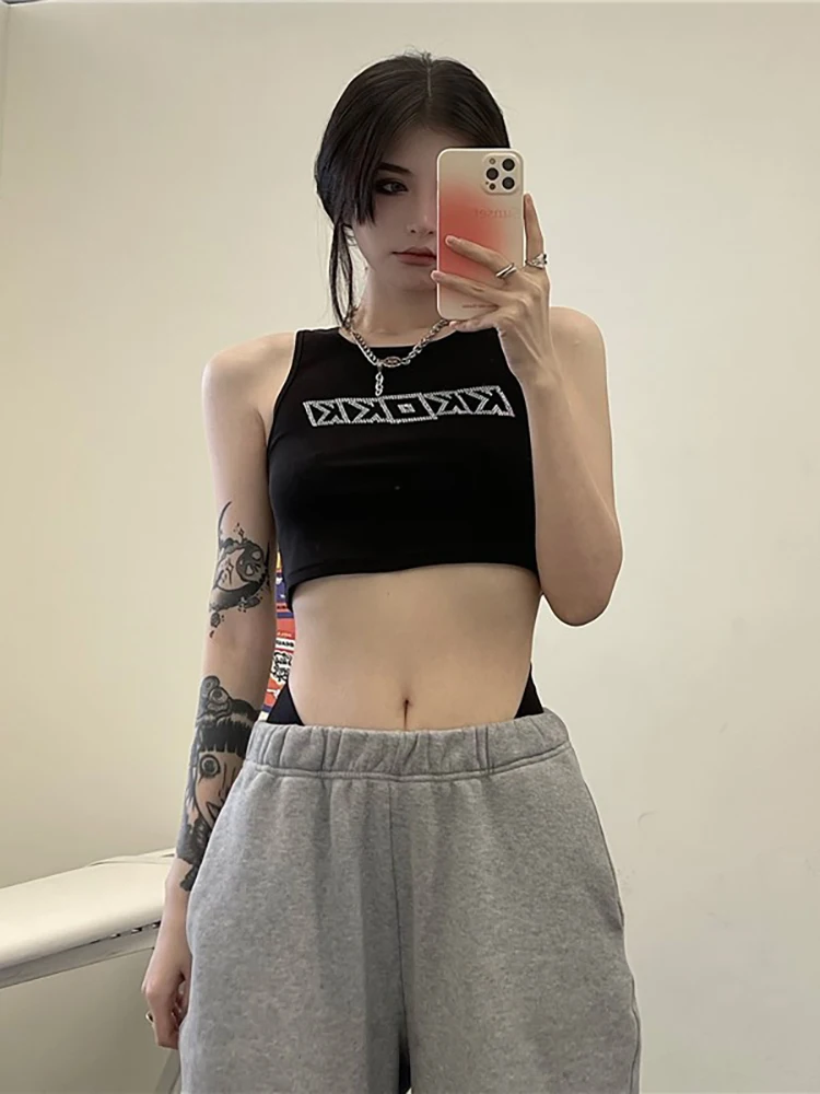 Черный жилет женский летний новый дизайн Sense Hot Drilling Letters Gyaru Короткая внутренняя
