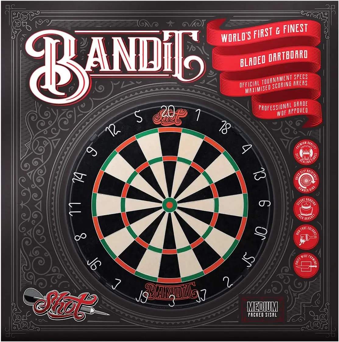 

Darts The Bandit Steel Tip Dartboard-Professional Bladed Bristle Board-Official Competition Size-Self Healing Sisal-Reduced Boun