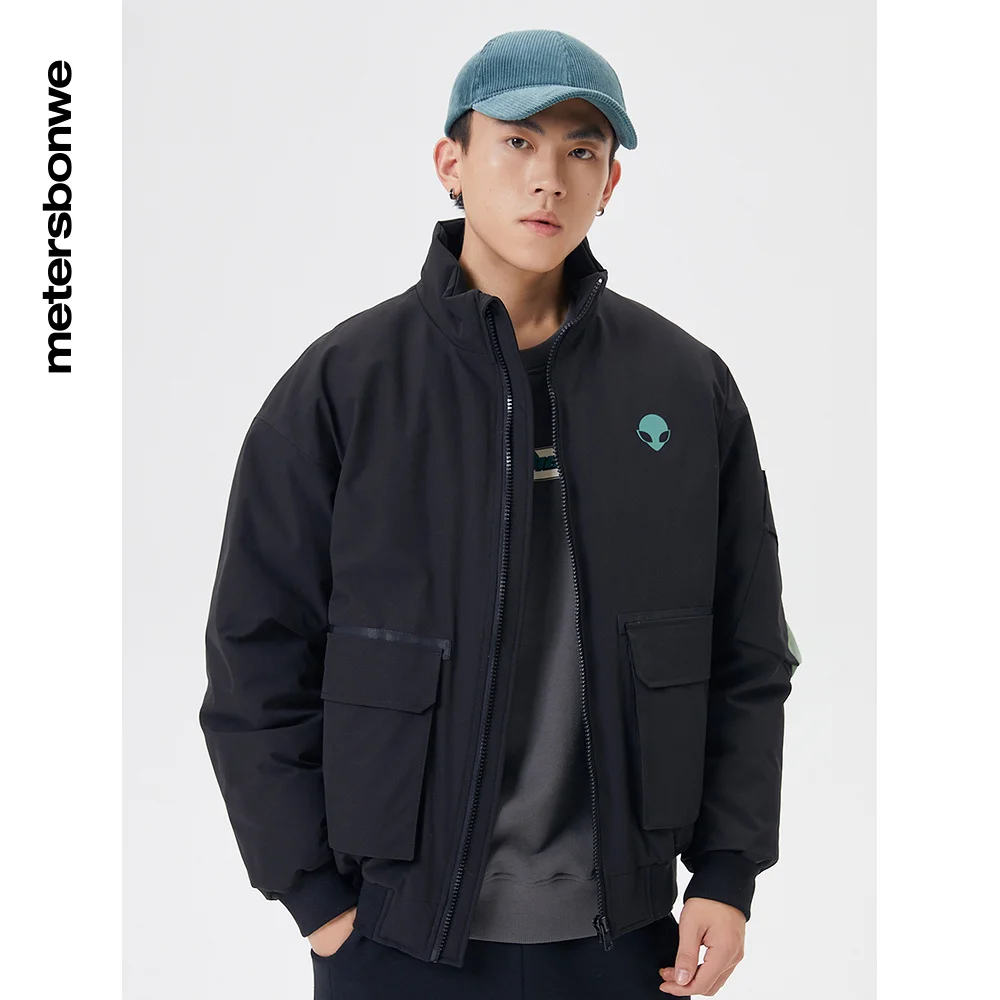 Metersbonwe Stylish Stand Collar Cropped Down Jackets Men 80%Duck Down Solid Color Loose Big Pockets Winter Cargo Warm Wear