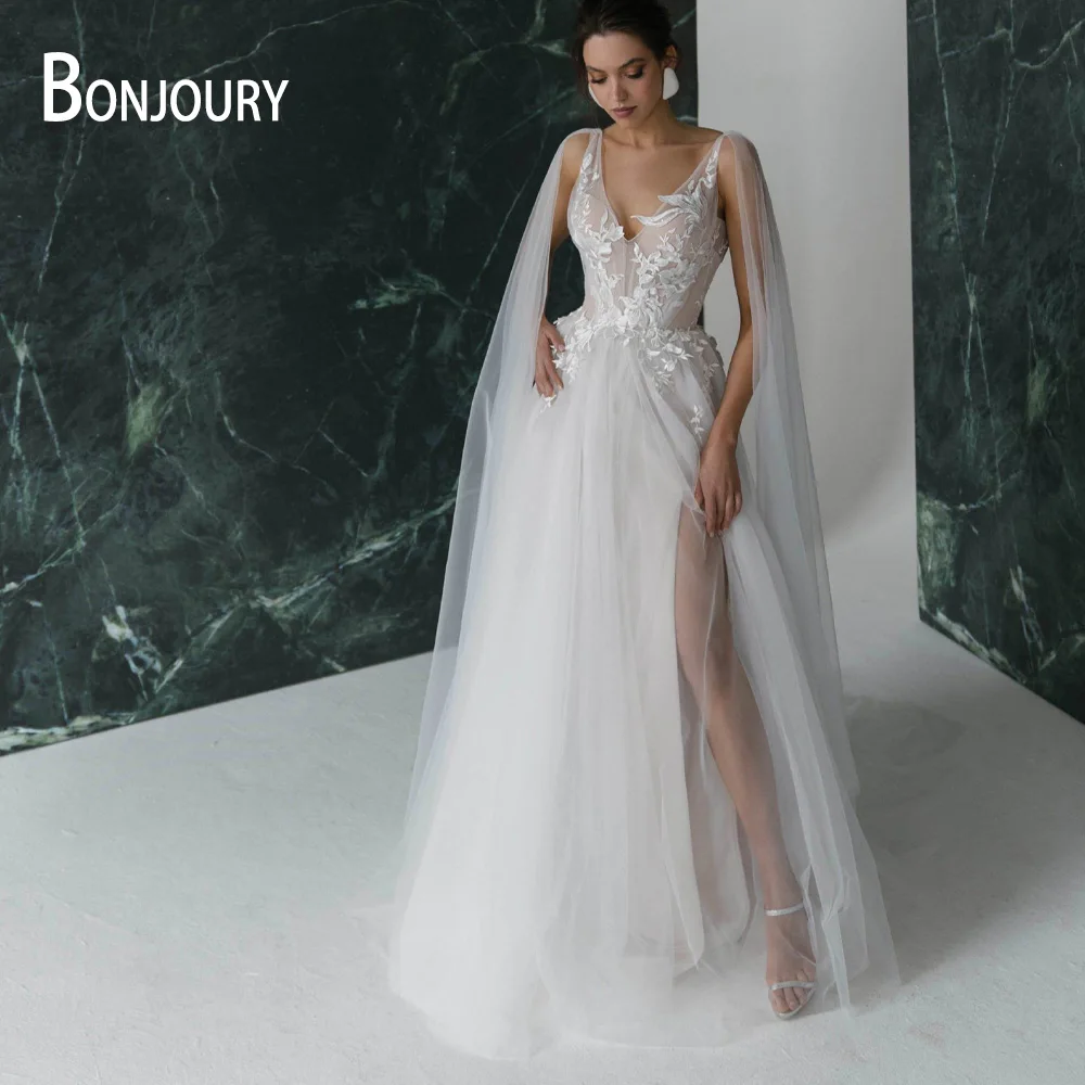 

BONJOURY Fairytale 2023 Wedding Dresses For Women Aline Bride V-Neck Backless Tulle Slit Buttons Robe De Mariée Customized