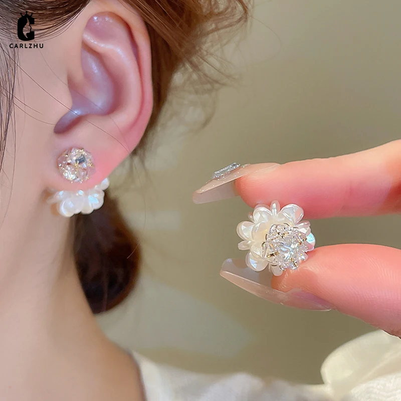 

Sweet Zircon Pearl Woven Camellia Flower Front and Rear Stud Earrings for Women Girl Elegant Creative Party Jewelry