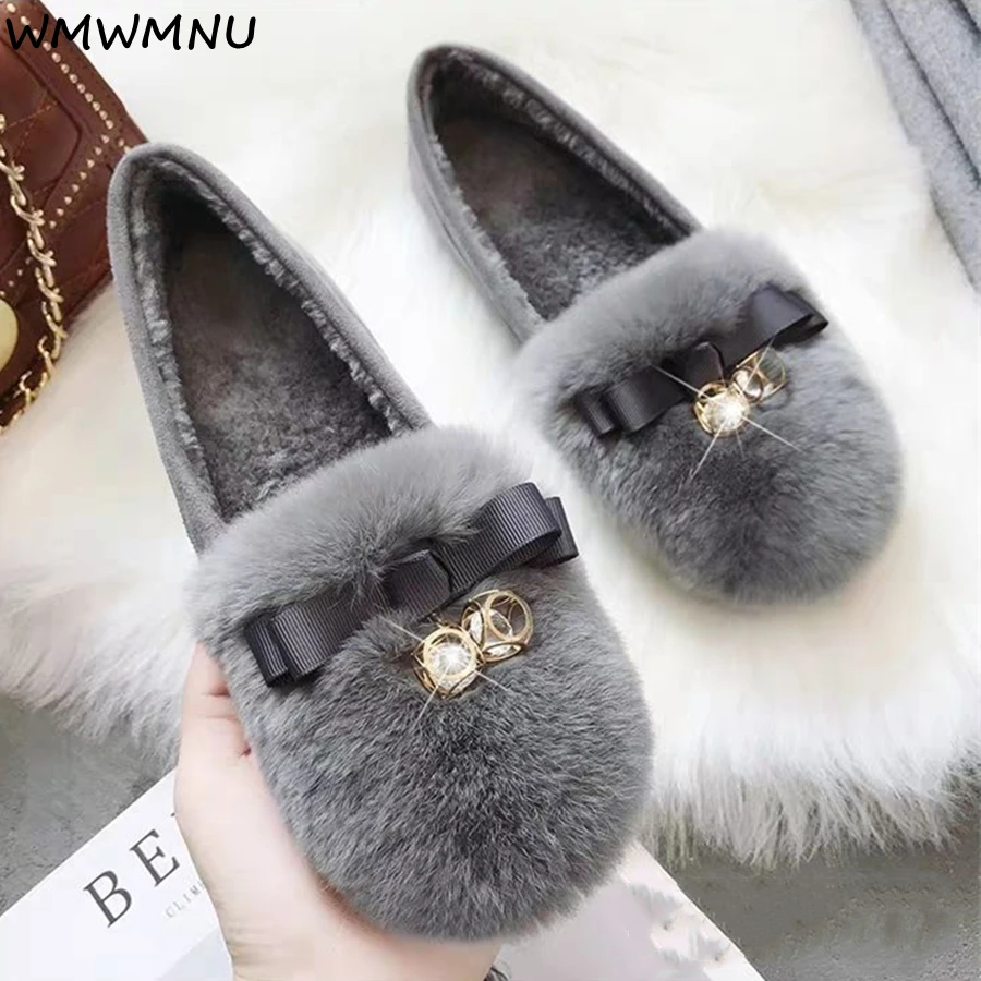 

Faux Rabbit Fur Plus Velvet Warm Bow Loafers Women Fall Winter Non-slip Slip-on Furry Casual Korean Cotton Shoes 2022 Zapatos