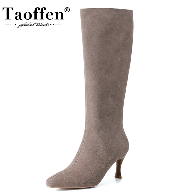 

Taoffen Women Knee Boots Real Leather 2023 Winter Shoes Woman Ins Fashion High Heels Long Boots Sexy Lady Footwear Size 34-39