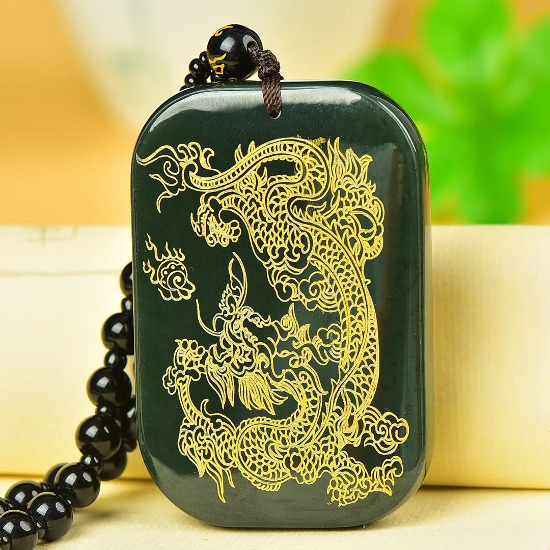 

Natural Green Jade Dragon Pendant Beaded Necklace Men Women Hetian Jades Nephrite Rectangle Golden Dragon Charms Sweater Chain