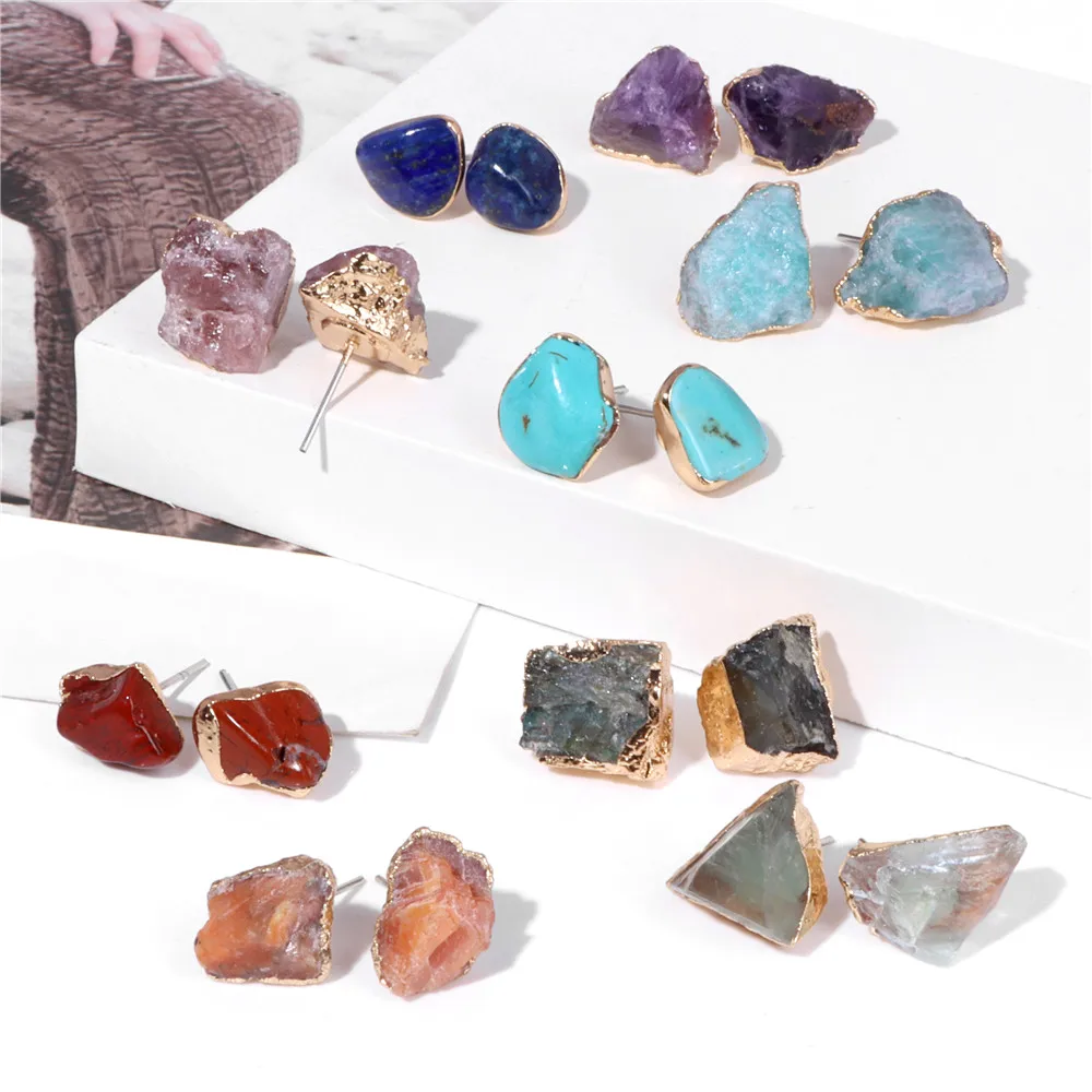 

Irregular Crystal Quartzs Stone Ear Studs For Women Gold Color Charm Stud Earrings Natural Mineral Stone Ear Accessories Jewelry