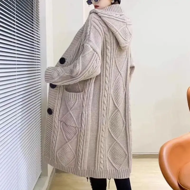 

2023 New Casual Cardigan Sweater Jacket Women Clothes Sping Autumn Korean Loose Hooded Twists Knitted Coat Female Overcoat BC326