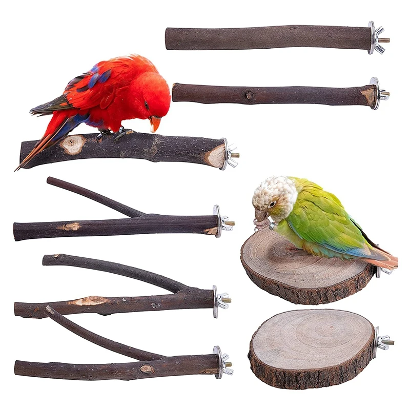 

8 PCS Natural Wood Bird Perch Stand-Wooden Parrot Perch Stand-Perch Platform Cage Accessories For Parrotlets Budgies
