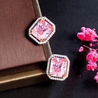 threegraces stunning pink cubic zirconia simple big geometric square stud earrings for women fashion summer party jewelry e887